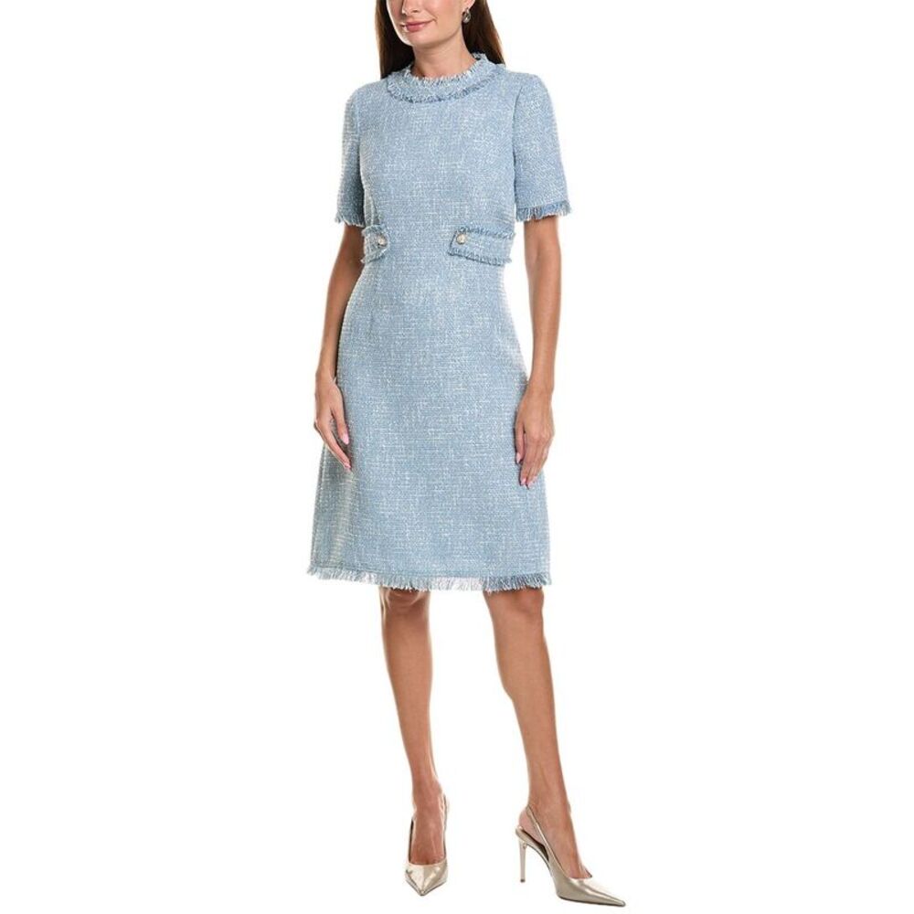 Teri Jon By Rickie Freeman Womens Sparkle Tweed Fringe Trim A-Line Dress, Blue
